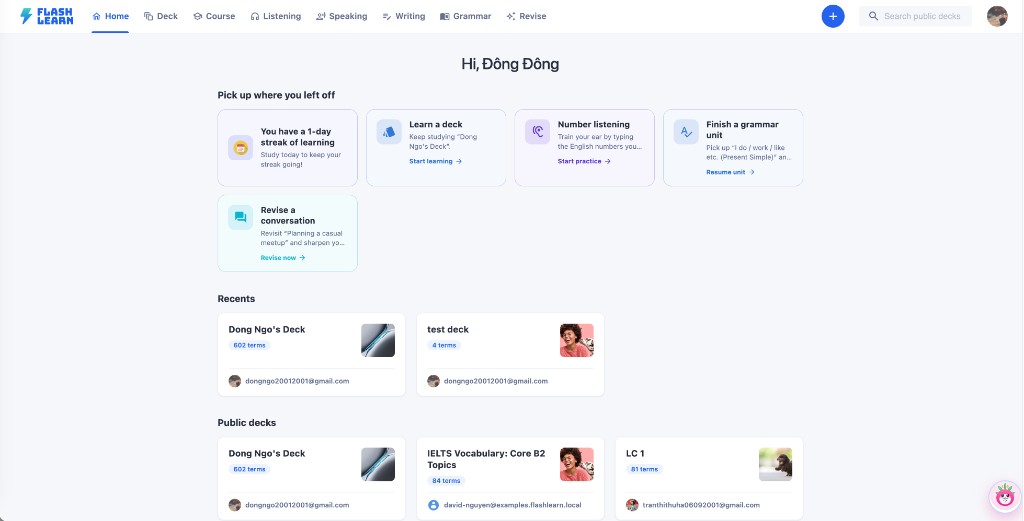 Flashlearn language learning dashboard